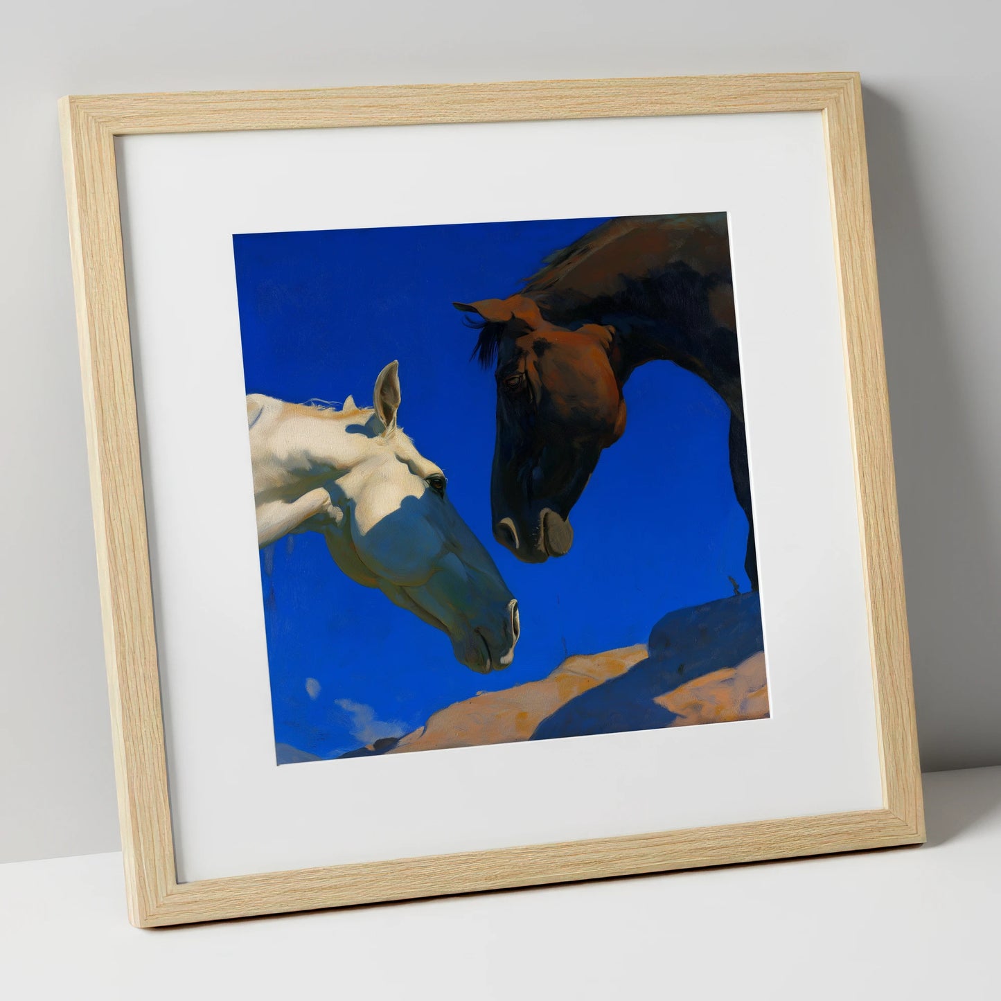Cobalt Sky Companions horse portrait art print in natural frame