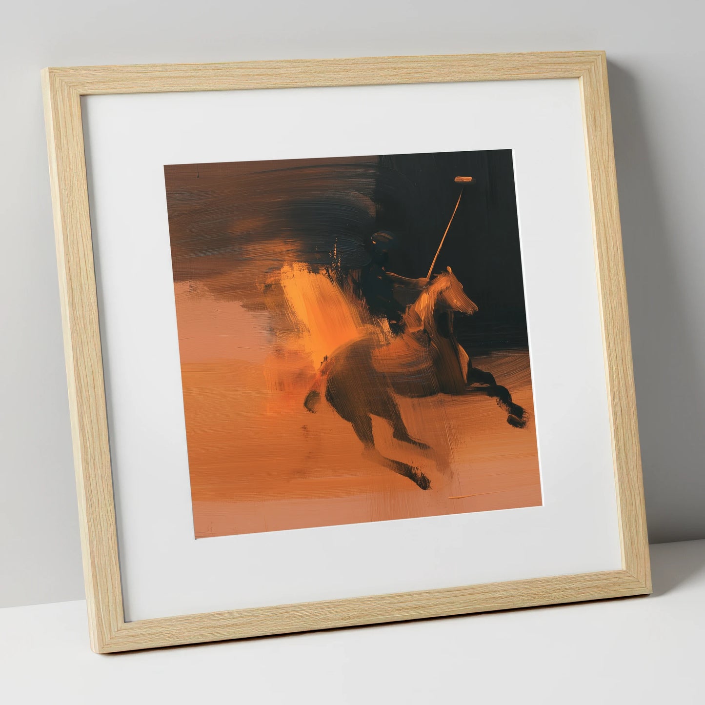 Amber Polo Strike polo horse art print in natural frame