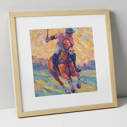 Vivid Polo Pursuit polo horse art print in natural frame