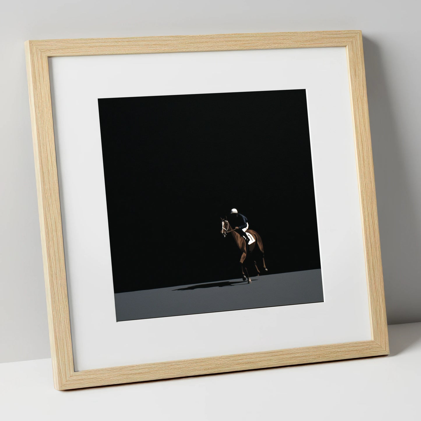 Out of the Shadows racing horse art print in natural frame