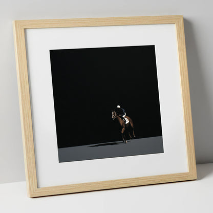 Out of the Shadows racing horse art print in natural frame
