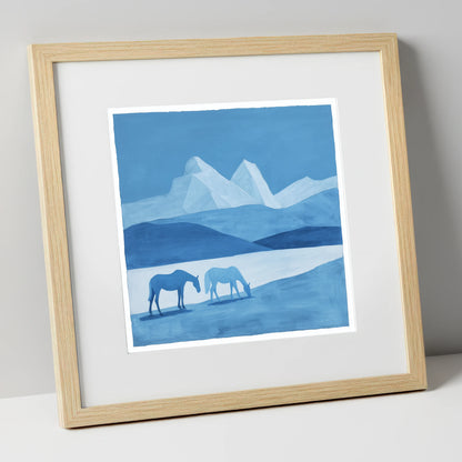Azure Mountain Grazing horse landscape art print in natural frame