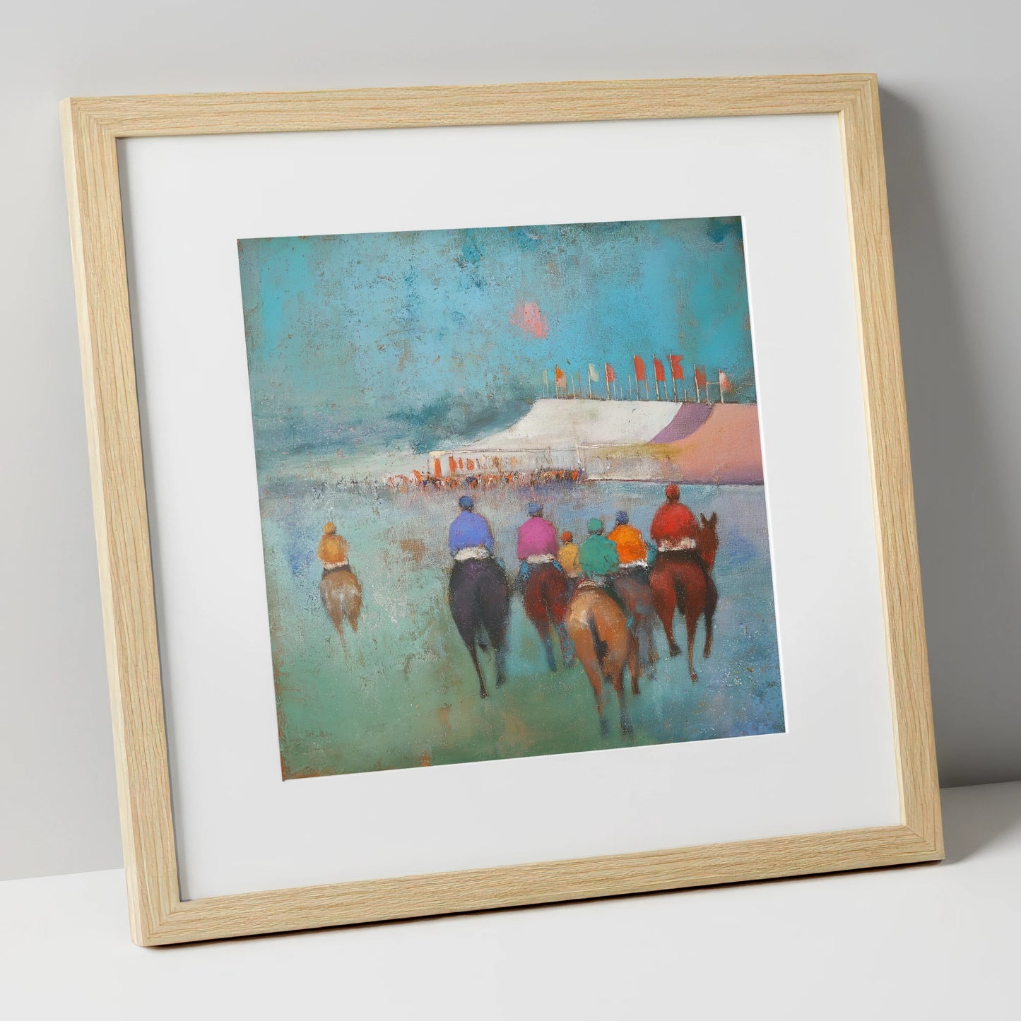 Heading to the Post racing horse art print in natural frame