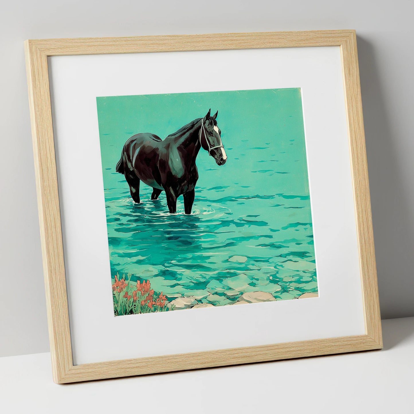 Midnight in the Shallows beach horse art print in natural frame