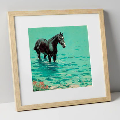 Midnight in the Shallows beach horse art print in natural frame