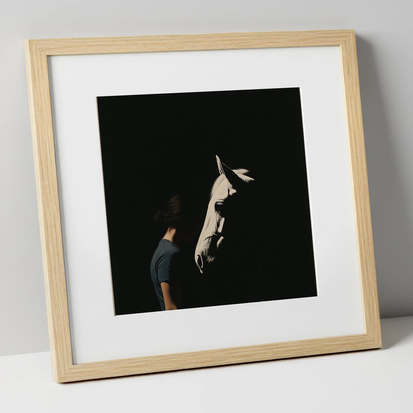 The Quiet Bond horse & rider art print in natural frame