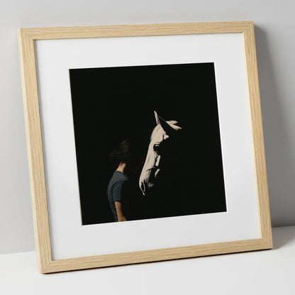The Quiet Bond horse & rider art print in natural frame