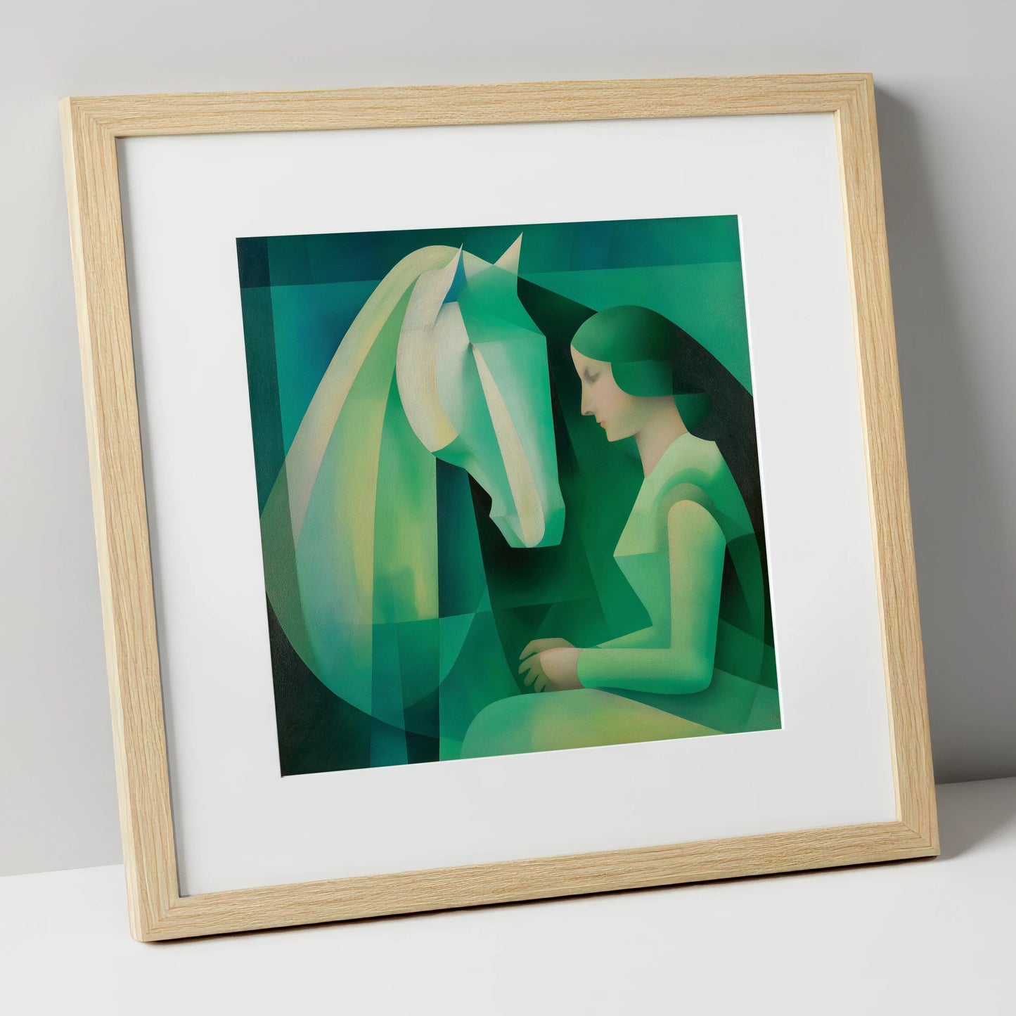 The Emerald Bond horse & rider art print in natural frame