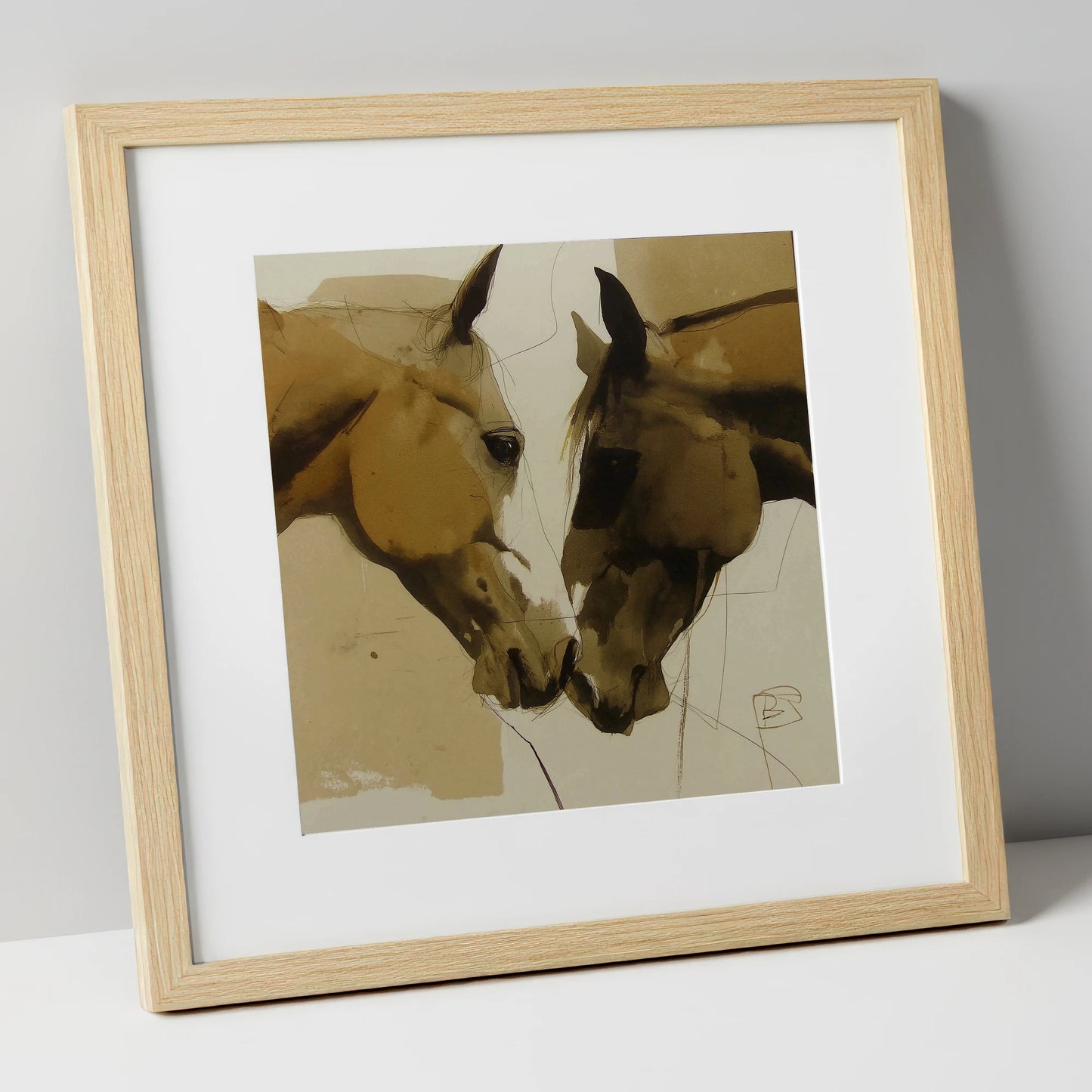 A Silent Bond horse portrait art print in natural frame