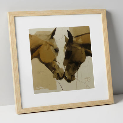 A Silent Bond horse portrait art print in natural frame