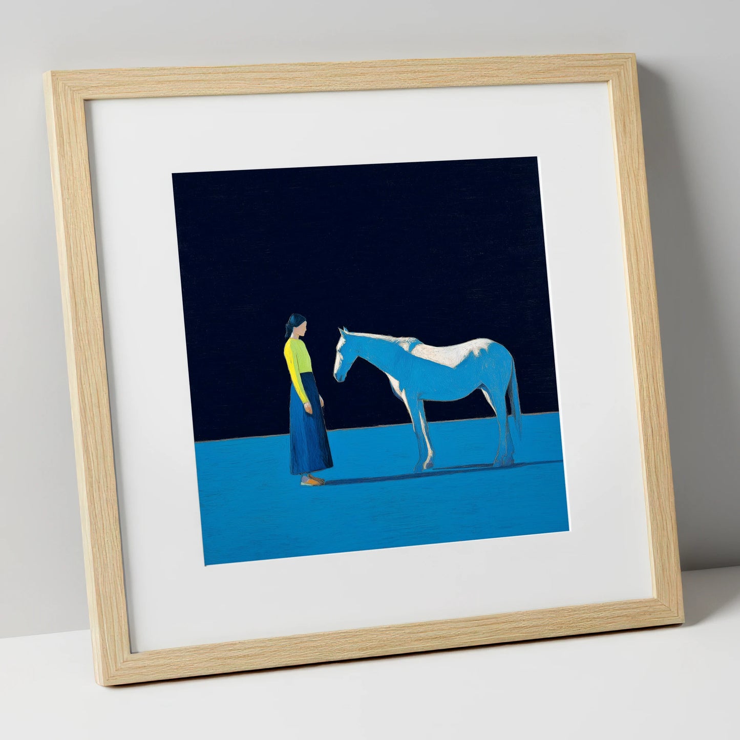 A Quiet Connection horse & rider art print in natural frame