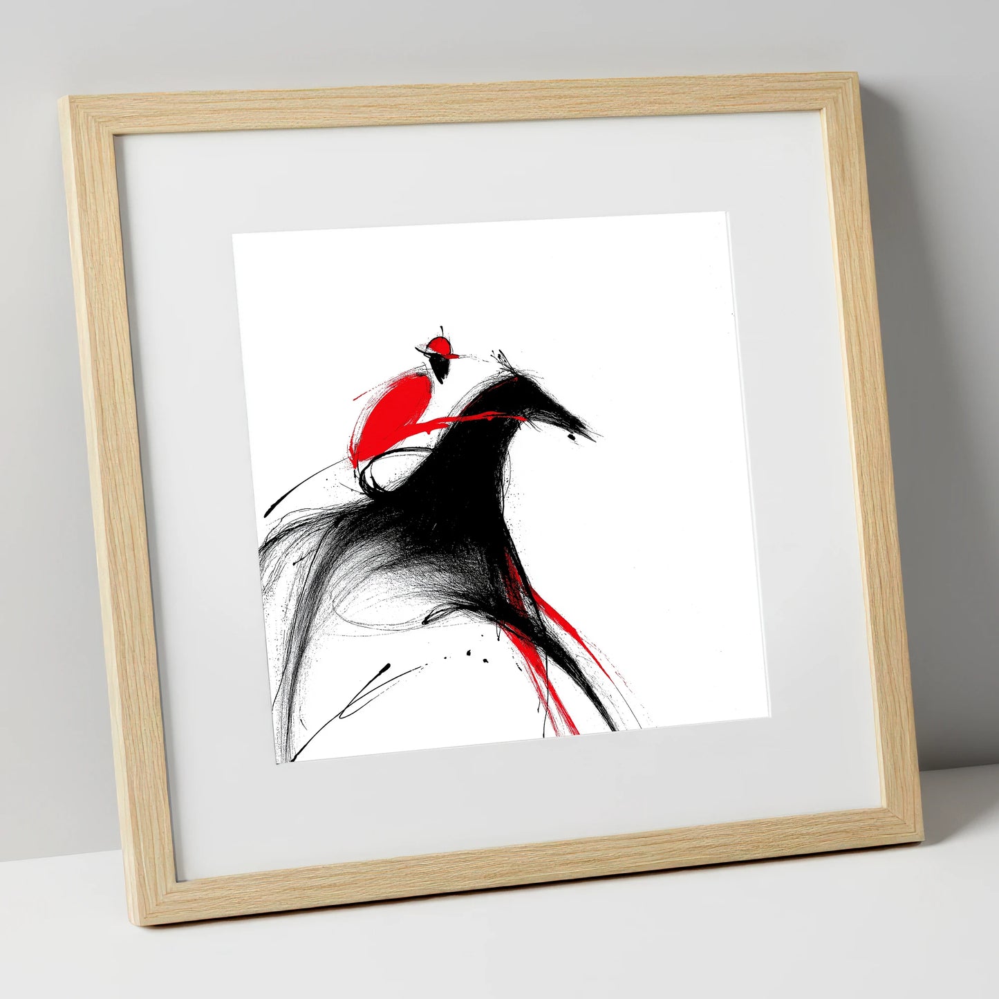 Crimson Pace racing horse art print in natural frame