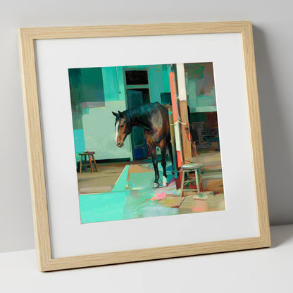 Quiet Yard in Teal horse stable art print in natural frame