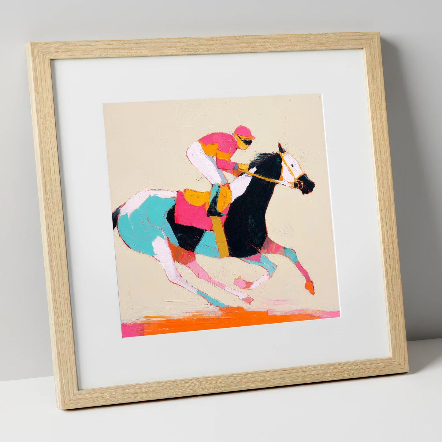 Technicolour Gallop racing horse art print in natural frame