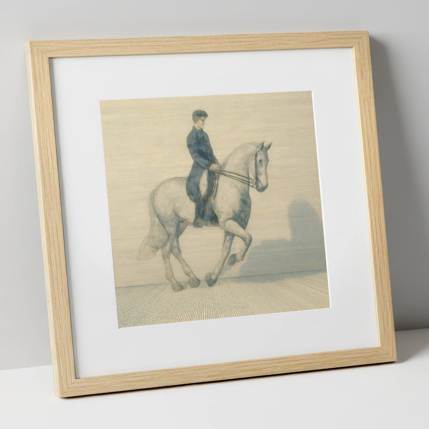 Structured Harmony dressage horse art print in natural frame