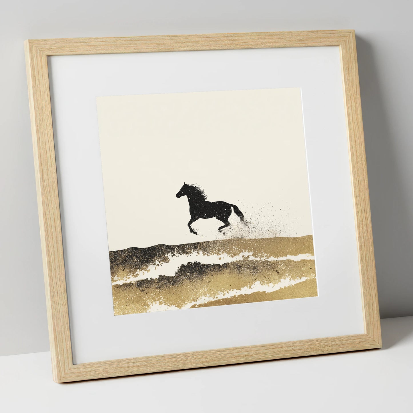 Gilded Coastal Gallop beach horse art print in natural frame
