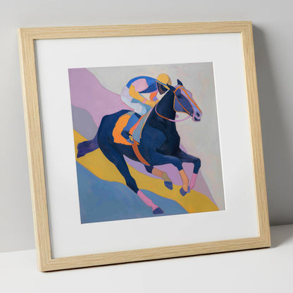 Vibrant Racing Stride racing horse art print in natural frame