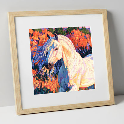 Vibrant White Andalusian Horse horse breed art print in natural frame