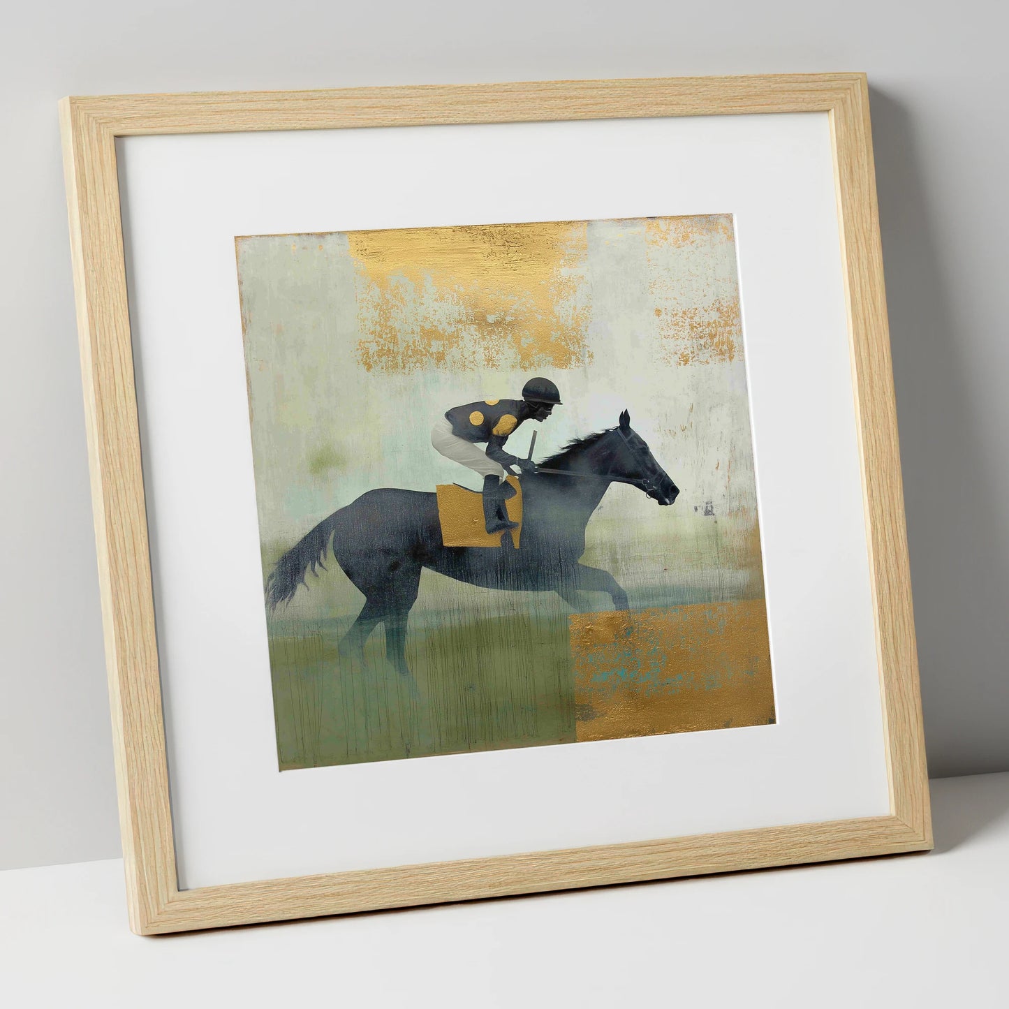 The Gilded Gallop racing horse art print in natural frame
