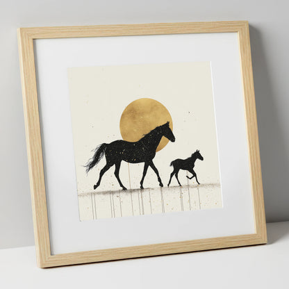 Celestial Mare and Foal mare & foal art print in natural frame