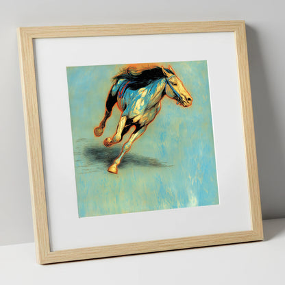 Cerulean Sprint racing horse art print in natural frame