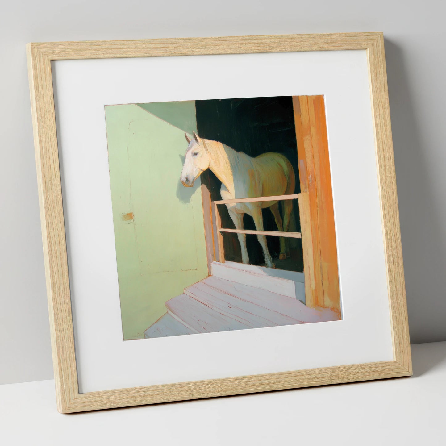 Sunlight and Shadows horse stable art print in natural frame