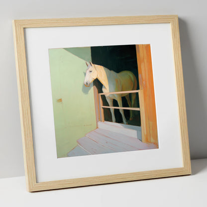 Sunlight and Shadows horse stable art print in natural frame