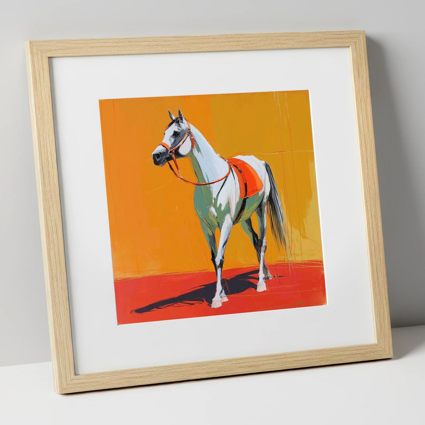Sunlit Grey Arabian horse breed art print in natural frame