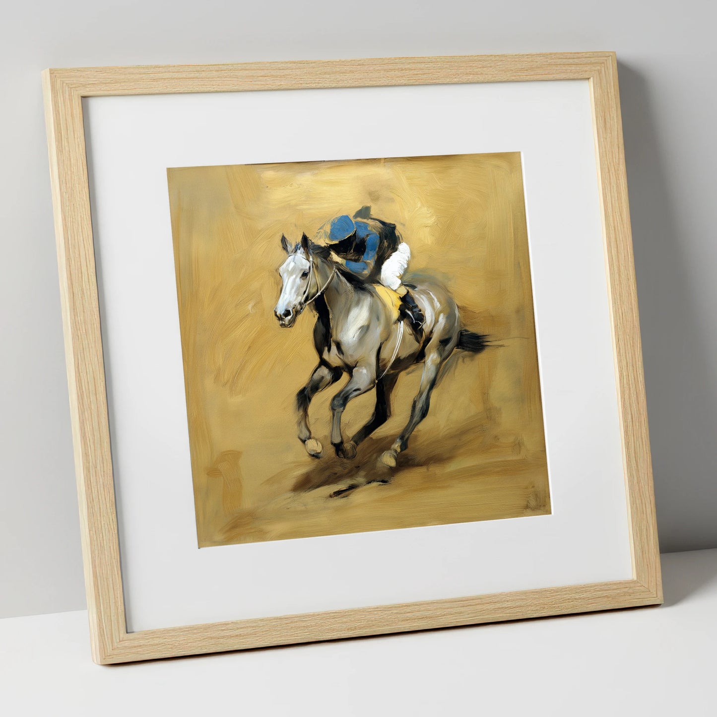 The Grey Challenger racing horse art print in natural frame