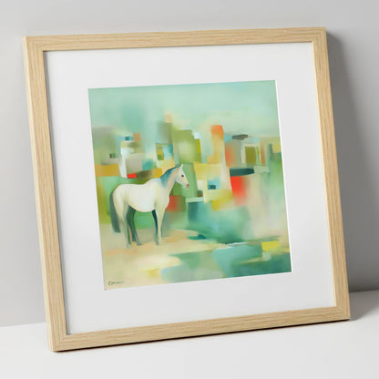 Abstract Urban Equine horse landscape art print in natural frame