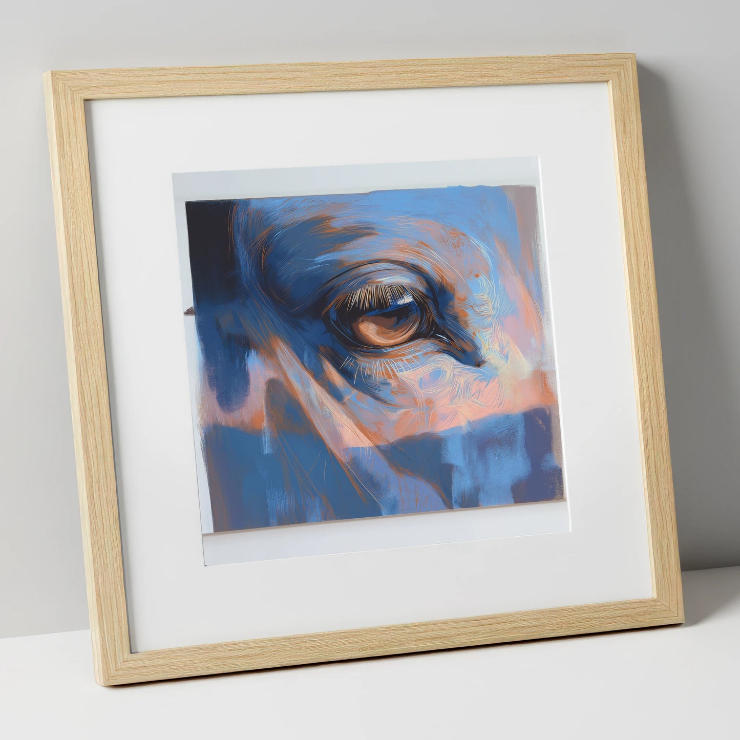 Soulful Azure Gaze horse portrait art print in natural frame