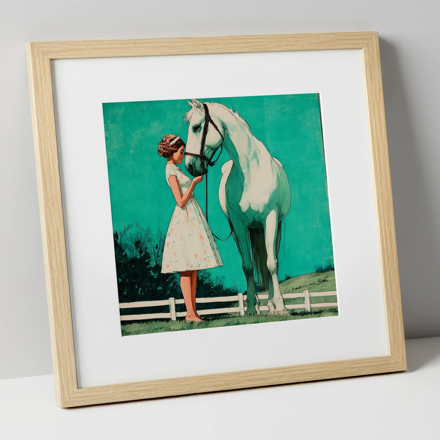 A Moment In Teal horse & rider art print in natural frame