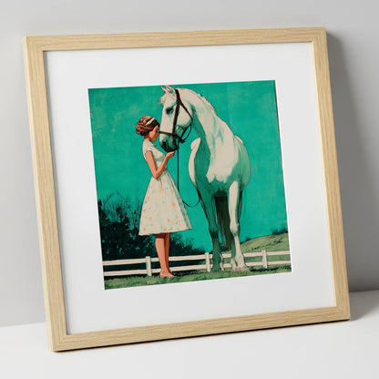 A Moment In Teal horse & rider art print in natural frame