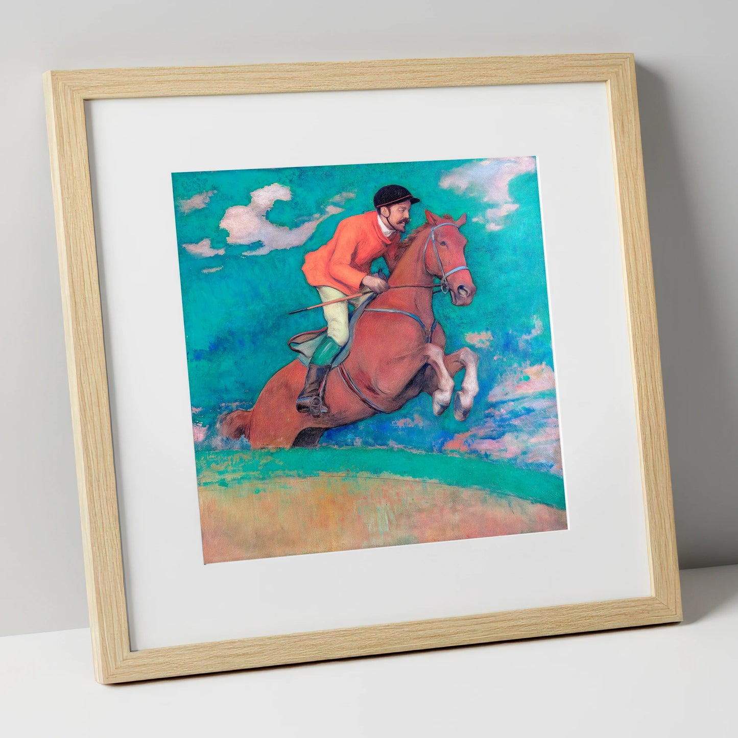 The Crimson Chase racing horse art print in natural frame