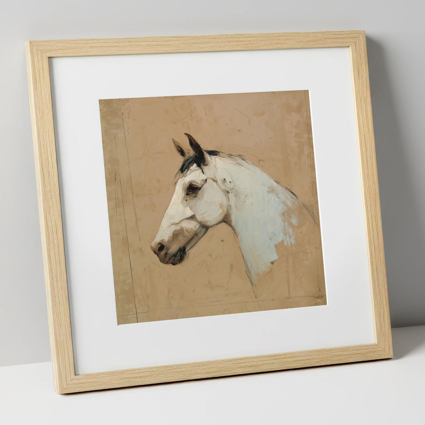 Elegance in Grey horse portrait art print in natural frame