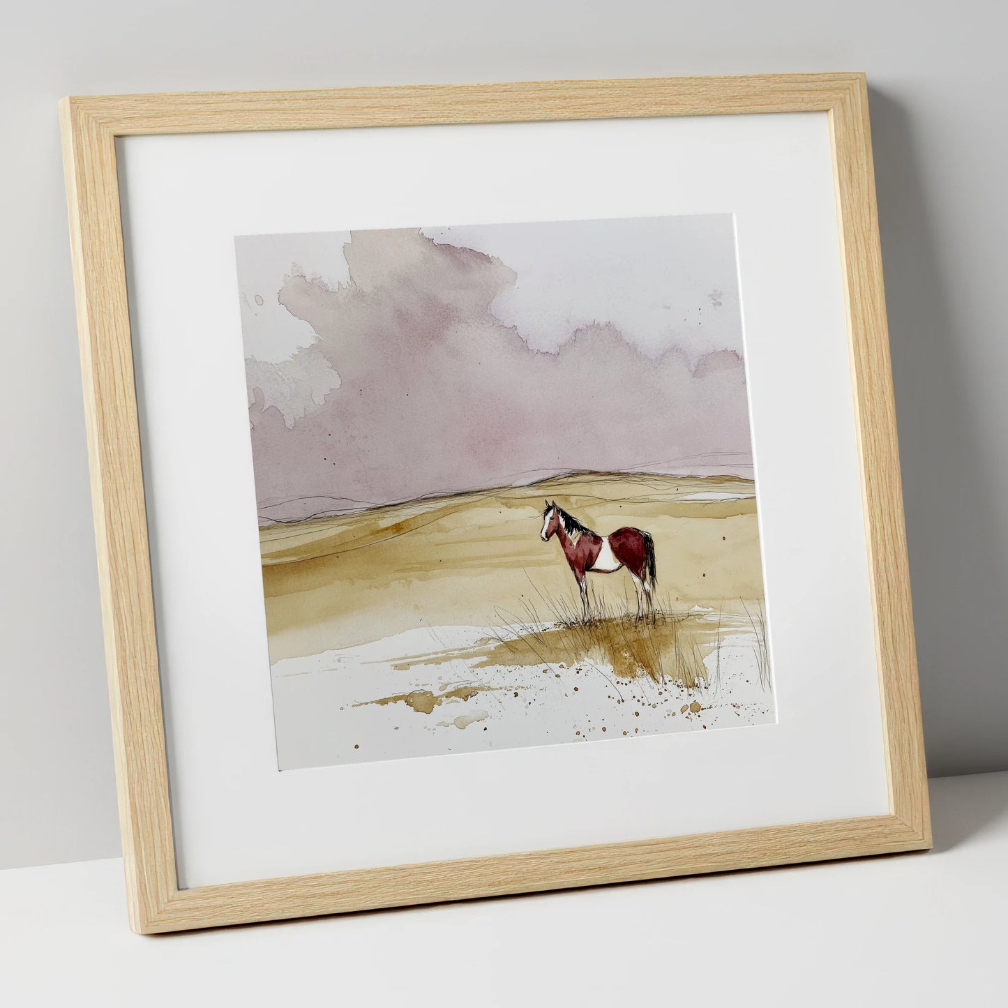 Ochre Horizons horse landscape art print in natural frame