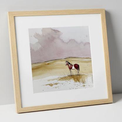 Ochre Horizons horse landscape art print in natural frame