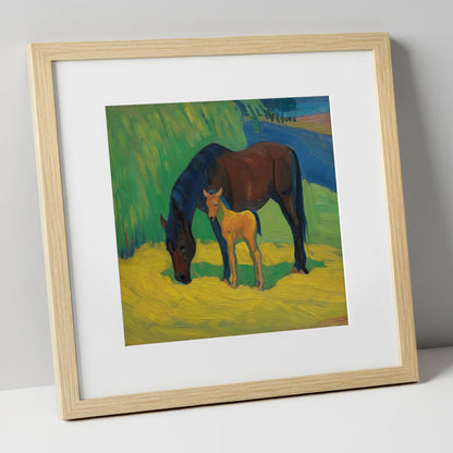 Vivid Grazing Companions mare & foal art print in natural frame