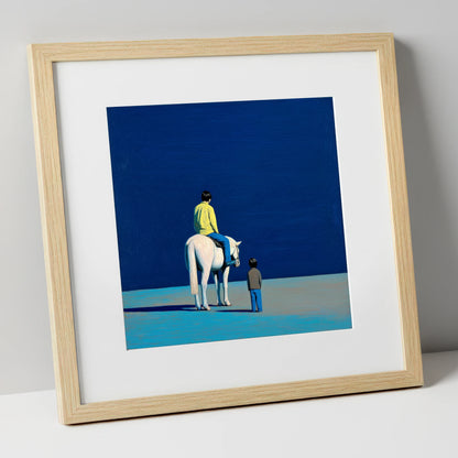 The Quiet Expanse horse & rider art print in natural frame