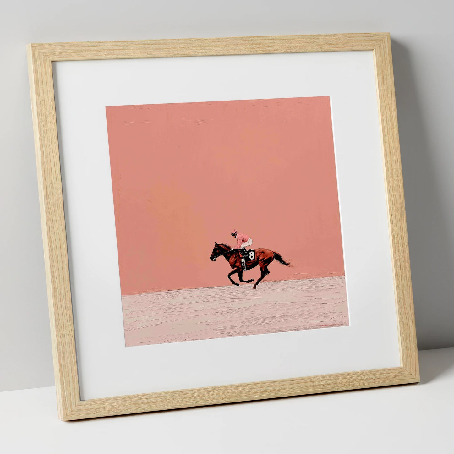 Dusty Rose Racing racing horse art print in natural frame