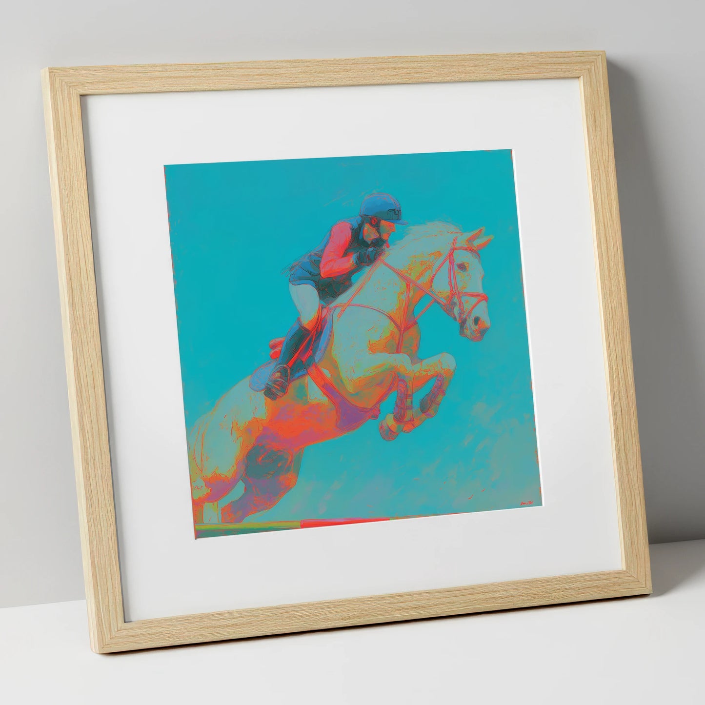 Technicolour Flight show jumping horse art print in natural frame