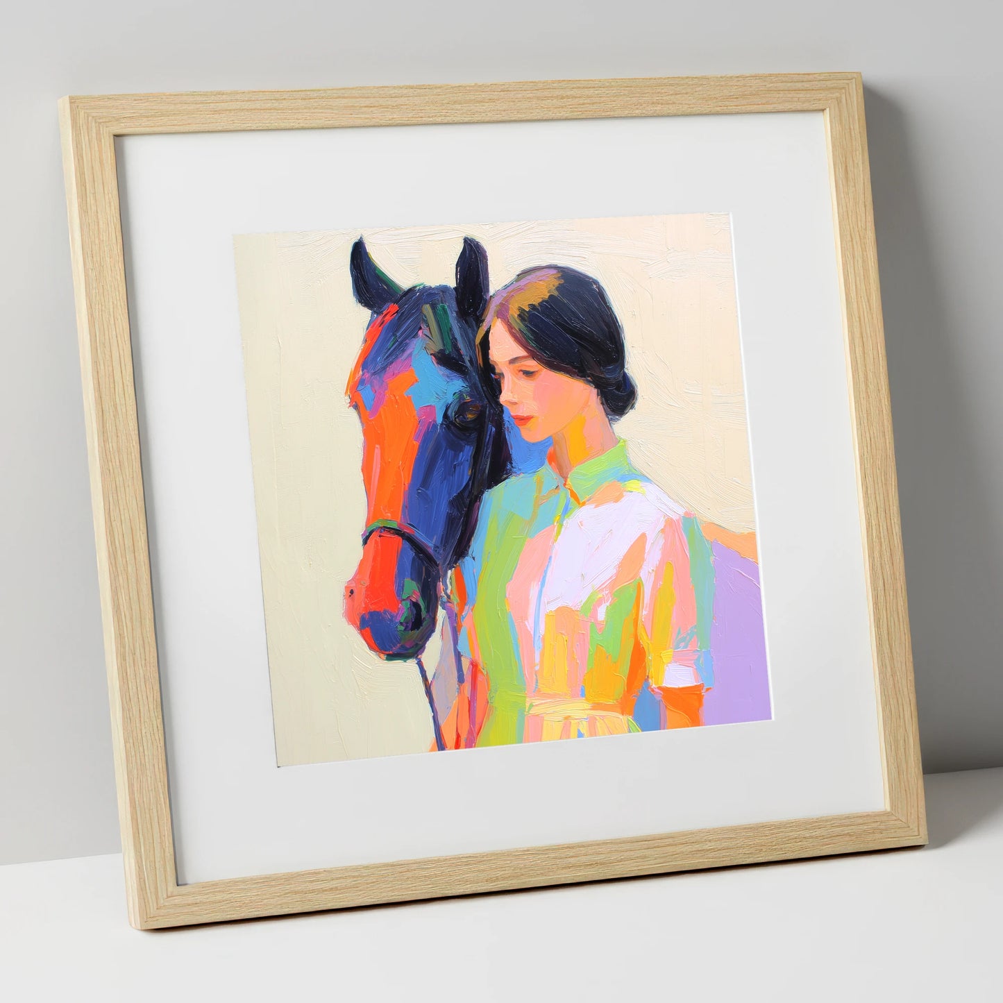 Radiant Companionship horse & rider art print in natural frame