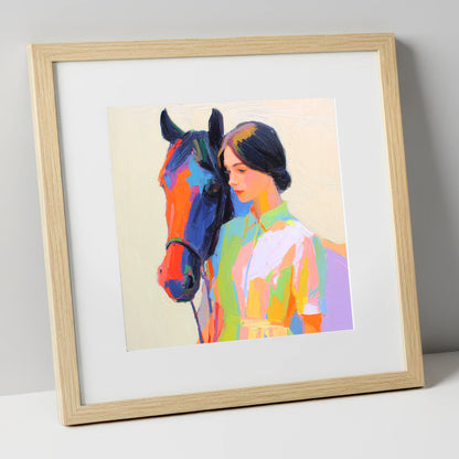 Radiant Companionship horse & rider art print in natural frame