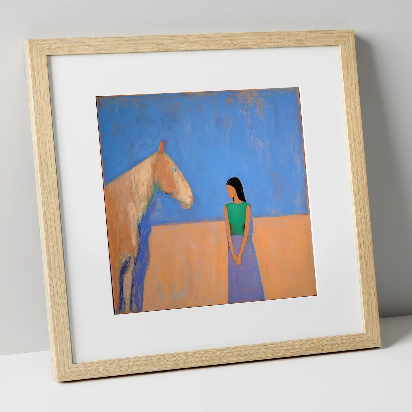 Silent Understanding horse & rider art print in natural frame