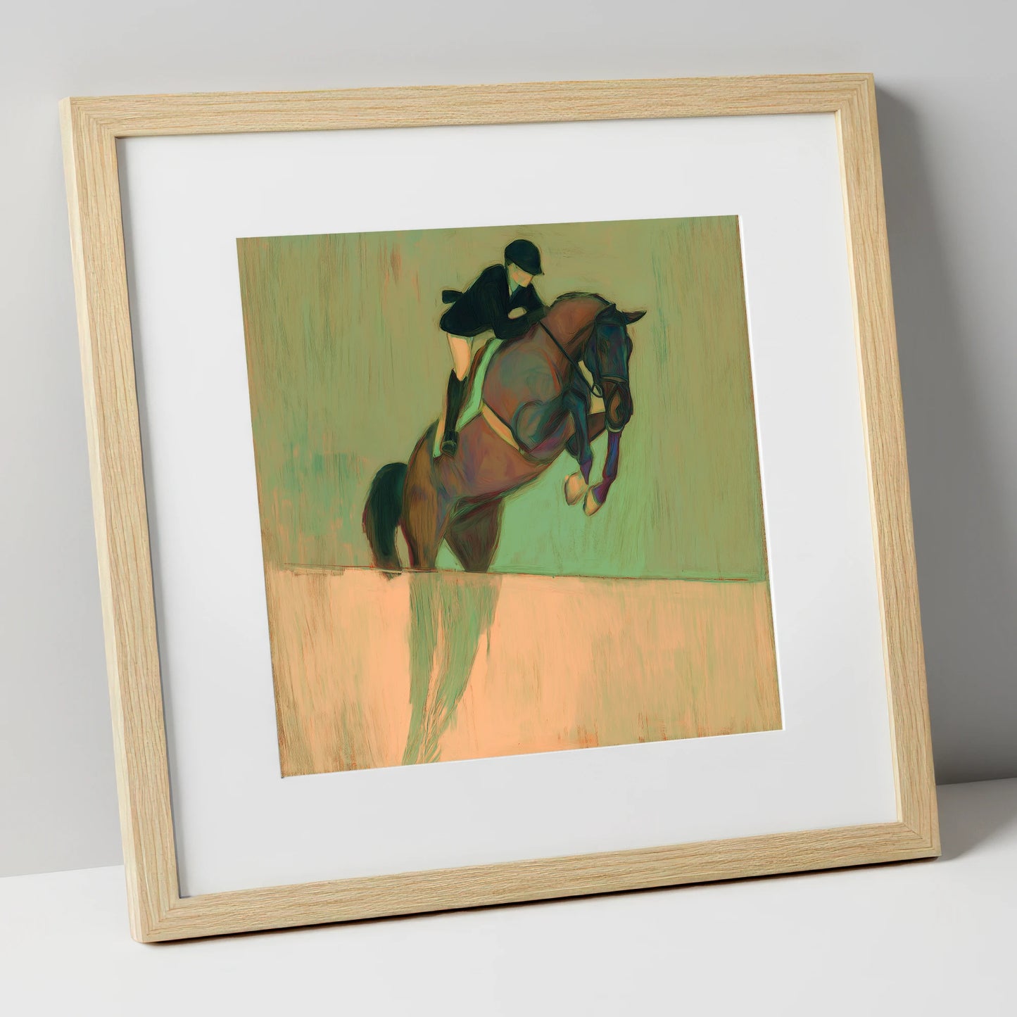 Suspension in Sage show jumping horse art print in natural frame