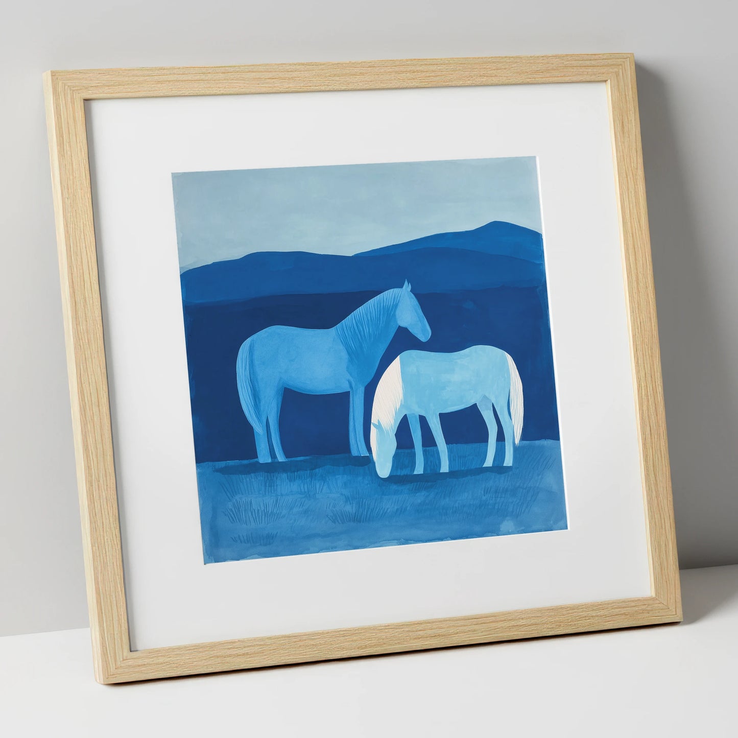Cobalt Companions horse landscape art print in natural frame
