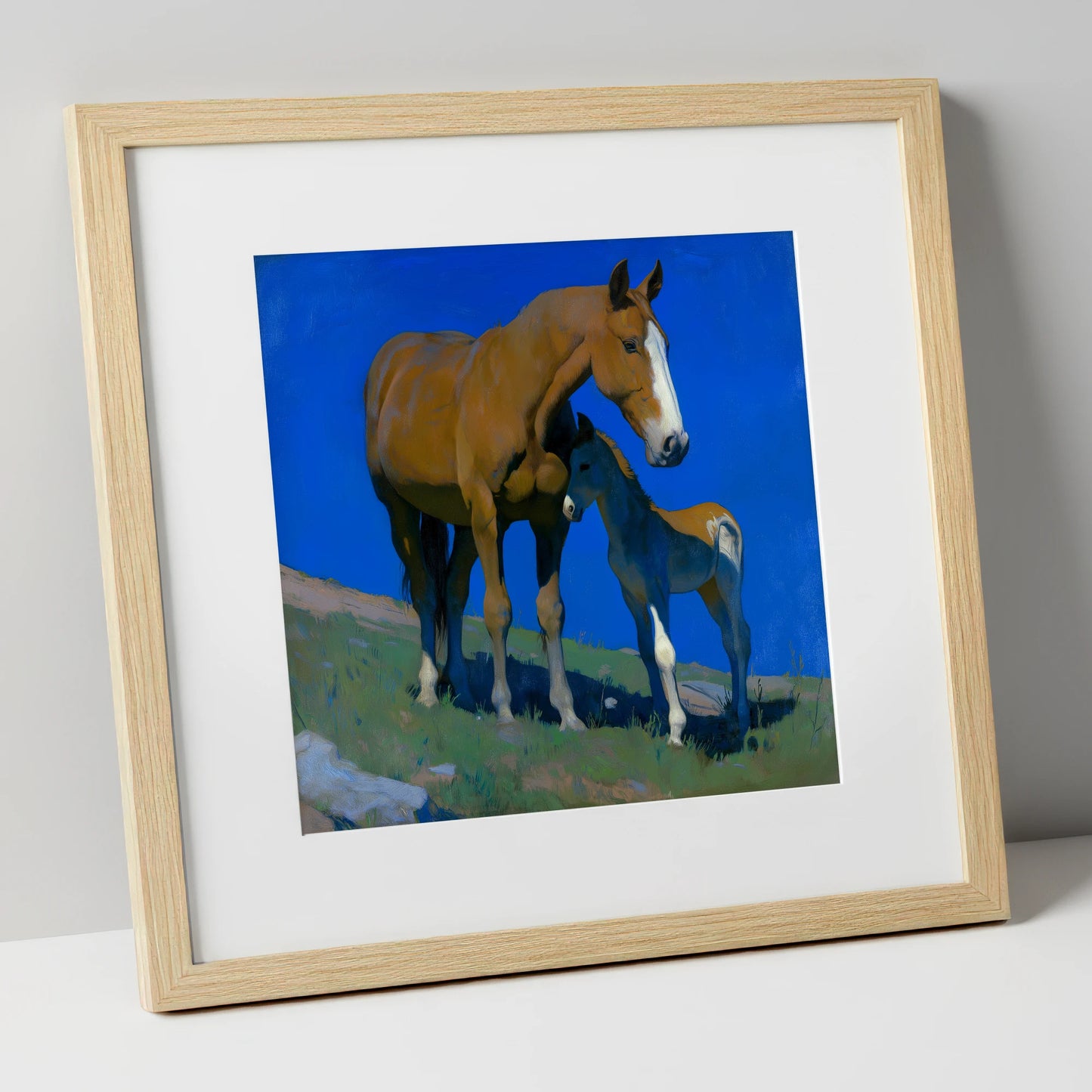 Under the Cobalt Sky mare & foal art print in natural frame