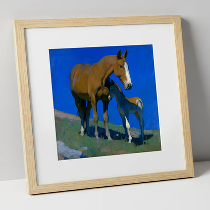Under the Cobalt Sky mare & foal art print in natural frame