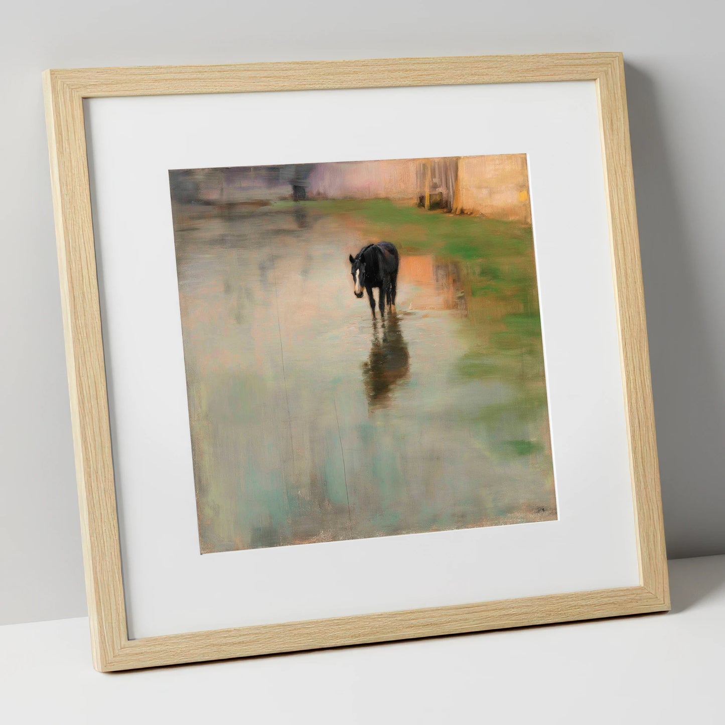 Quiet Reflection horse landscape art print in natural frame