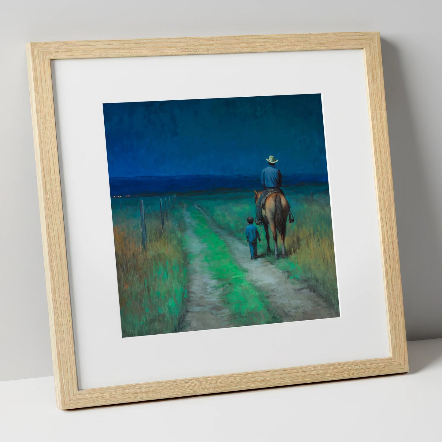 Nightfall Companions horse & rider art print in natural frame